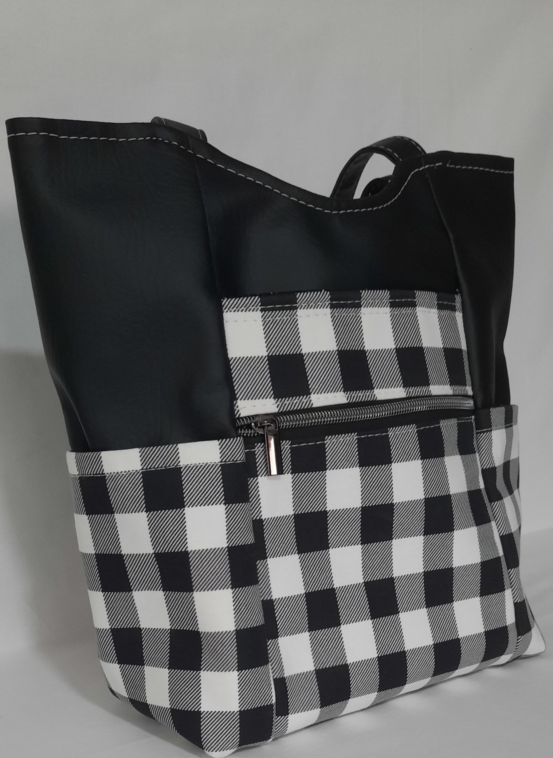 Black & White Check Faux Leather Tote Bag