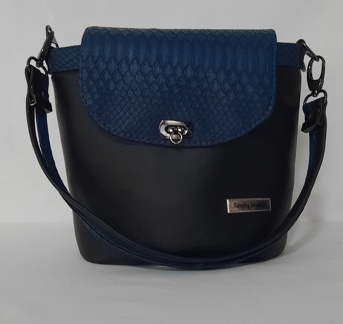 Small Bucket Bag – Blue & Black Faux Leather
