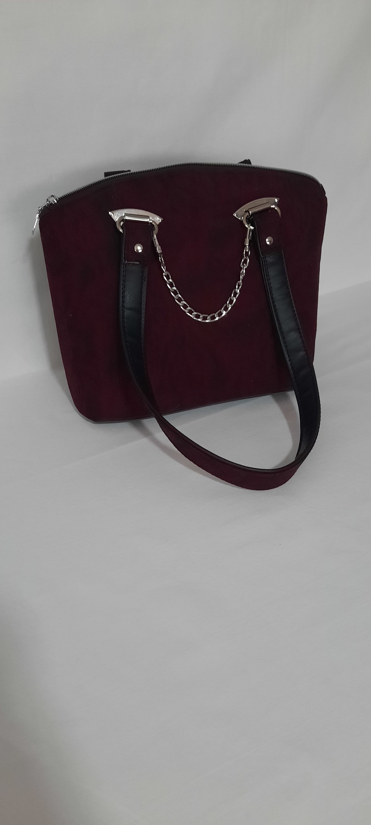 Burgundy Print Bowler-Style Handbag – Waterproof Lined w/ Removable Chain Strap
