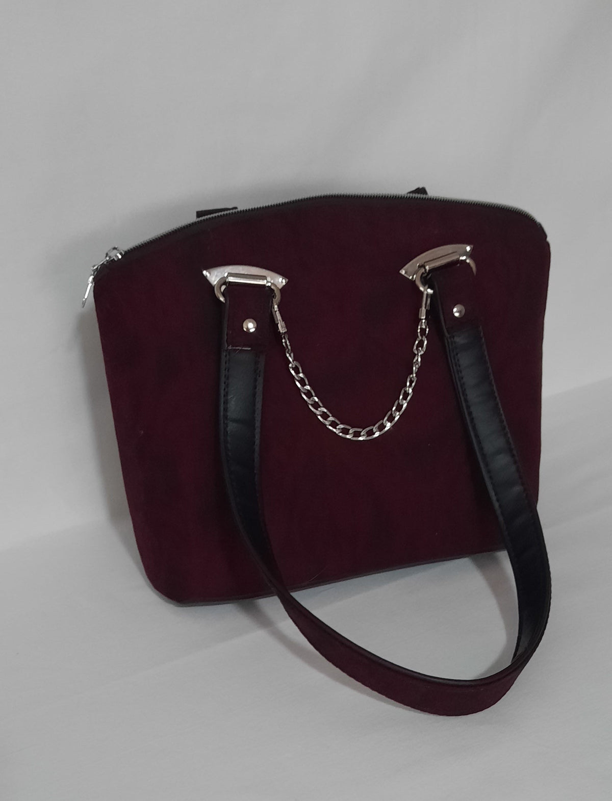 Burgundy Print Bowler-Style Handbag – Waterproof Lined w/ Removable Chain Strap