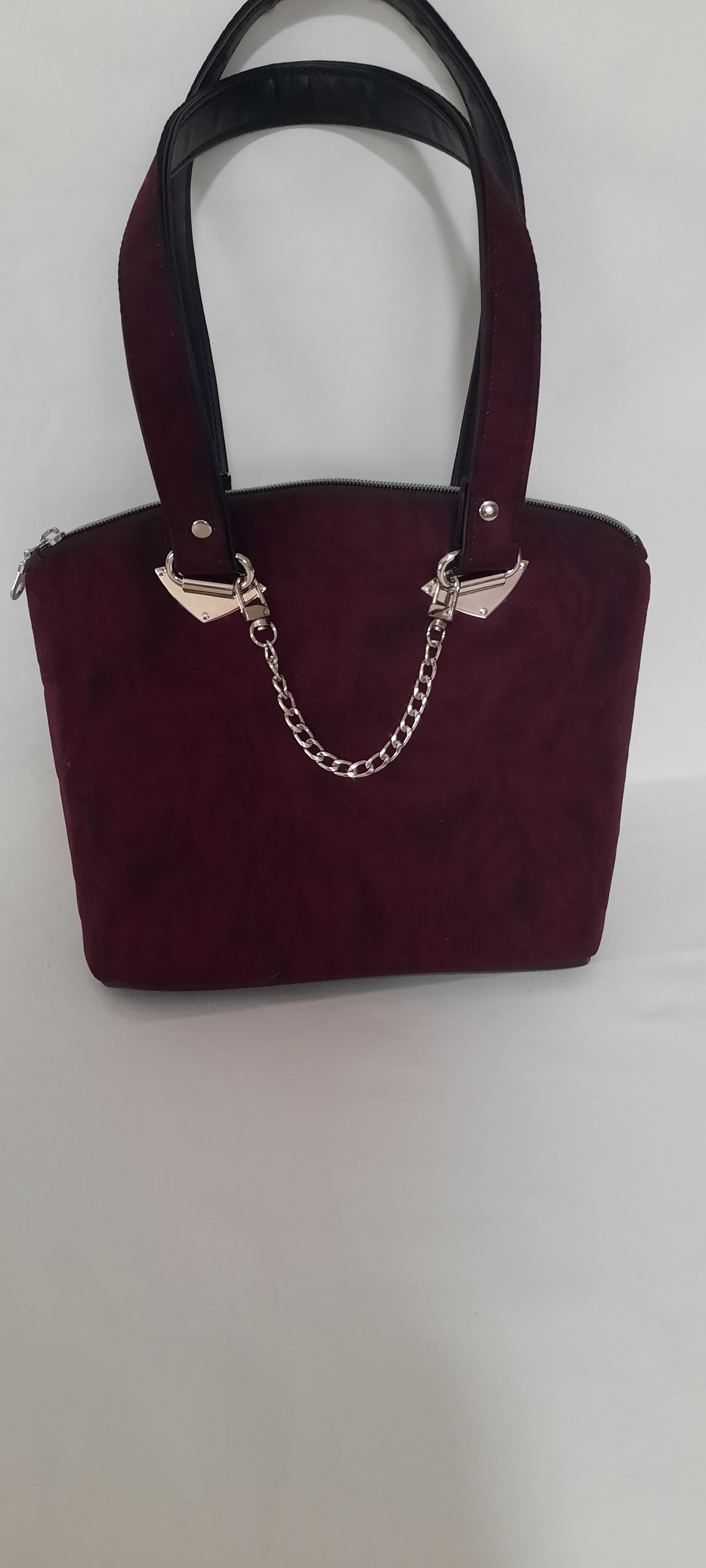 Burgundy Print Bowler-Style Handbag – Waterproof Lined w/ Removable Chain Strap
