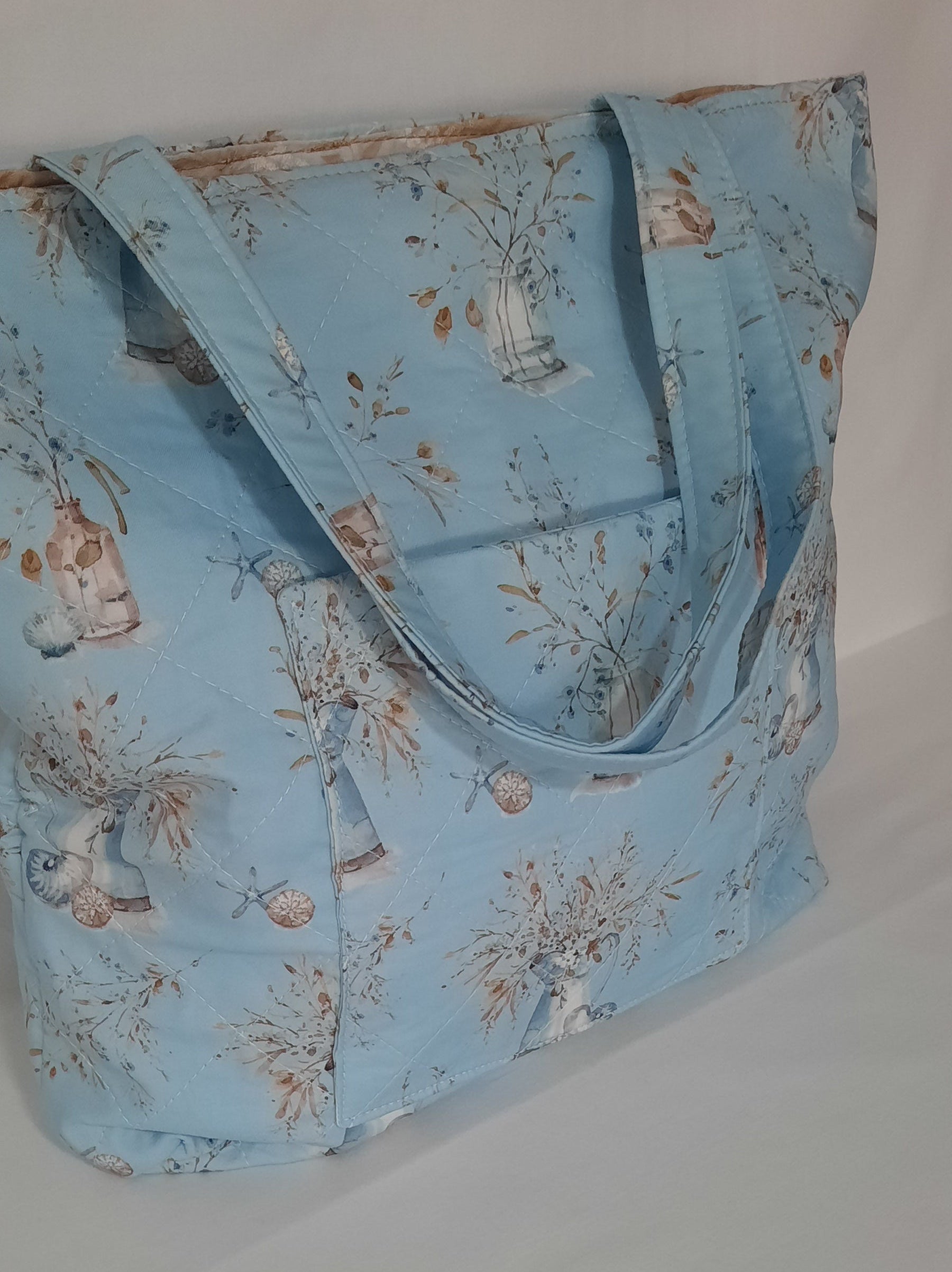 Lightweight Quilted Blue Fabric Tote Bag – Open Top w/ Front Pocket