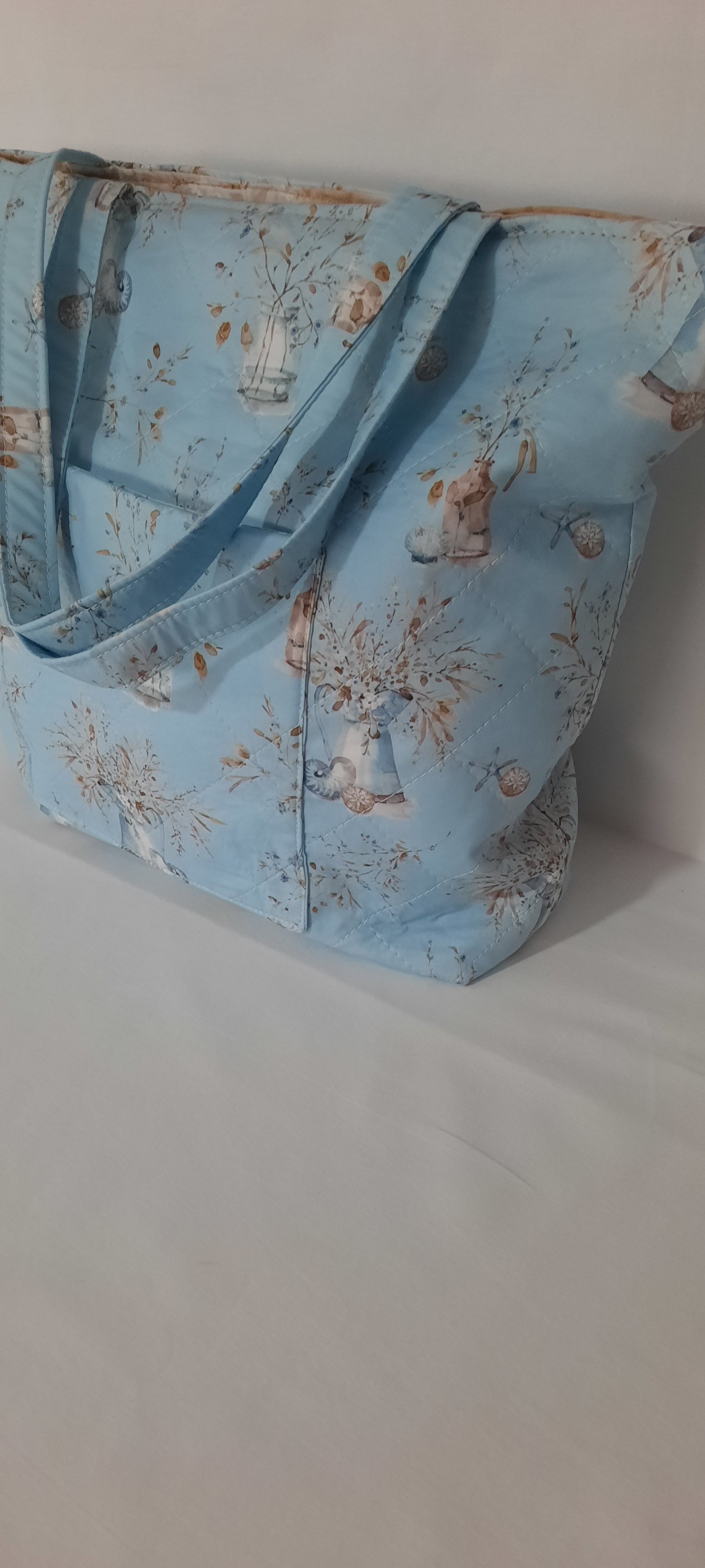 Lightweight Quilted Blue Fabric Tote Bag – Open Top w/ Front Pocket