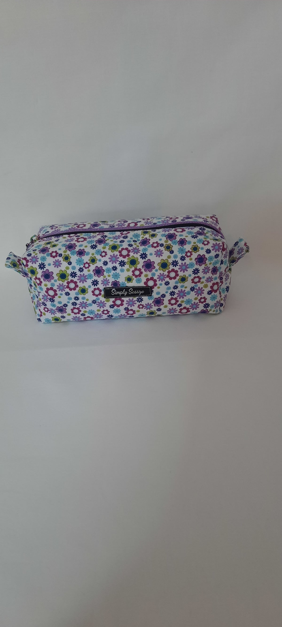 White Floral Cotton Cosmetic Bag – Purple & Green Zipper Pouch