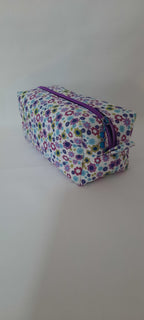 White Floral Cotton Cosmetic Bag – Purple & Green Zipper Pouch