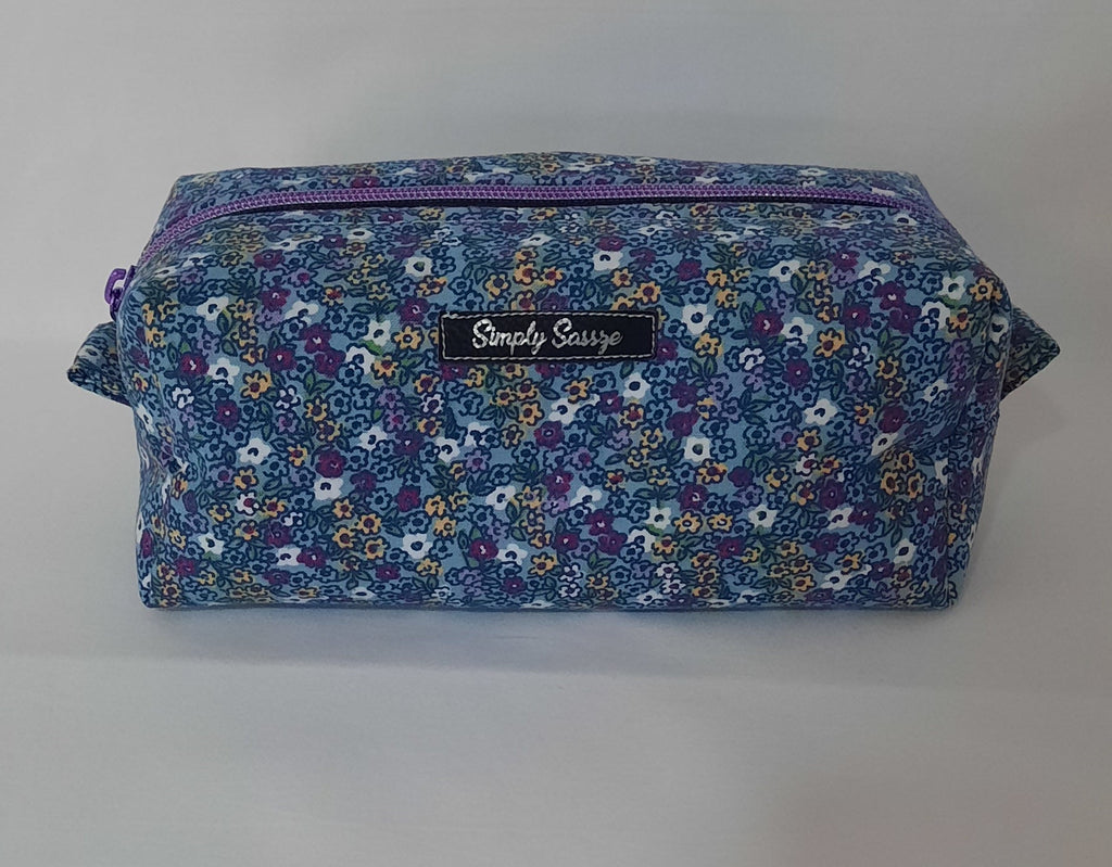 Purple Floral Cotton Cosmetic Bag – Dark Purple Zipper Pouch