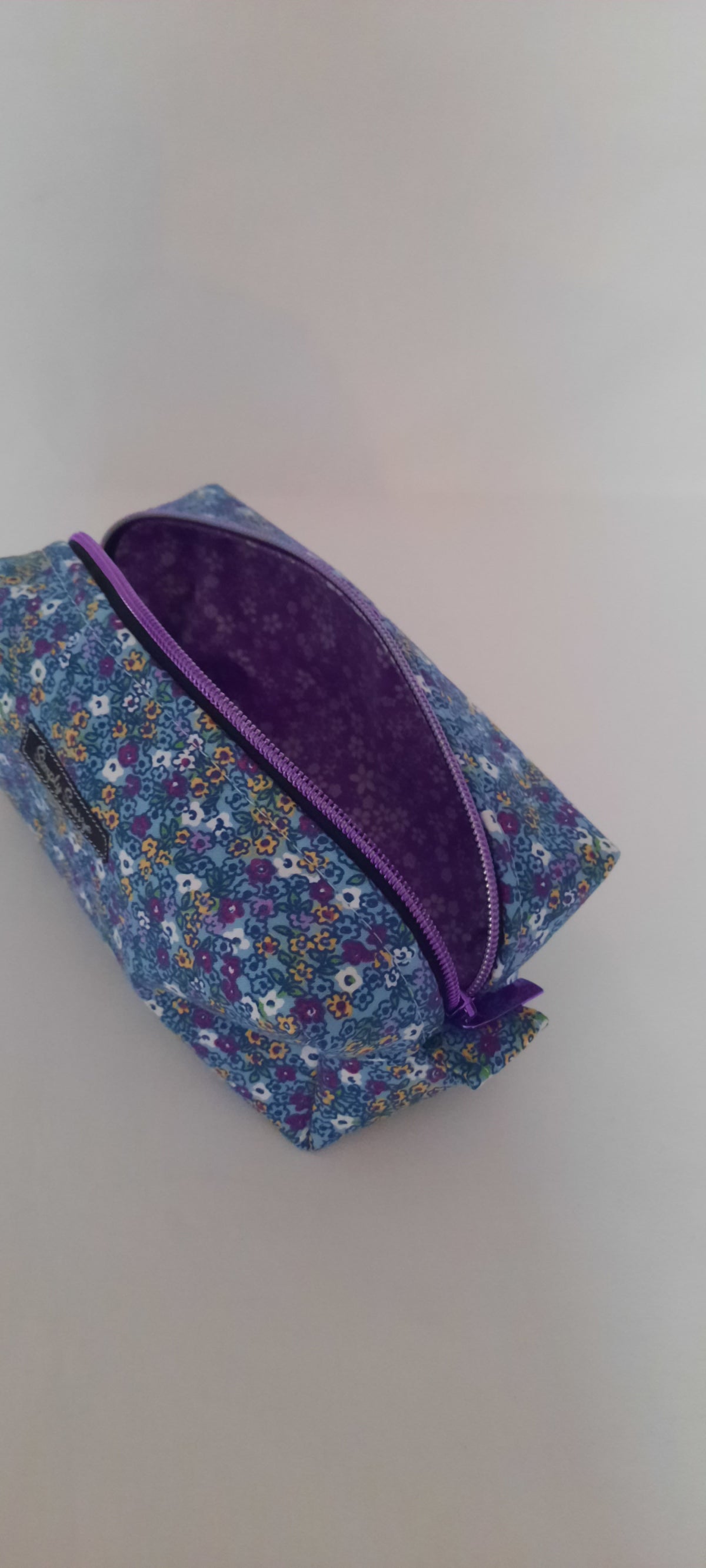 Purple Floral Cotton Cosmetic Bag – Dark Purple Zipper Pouch